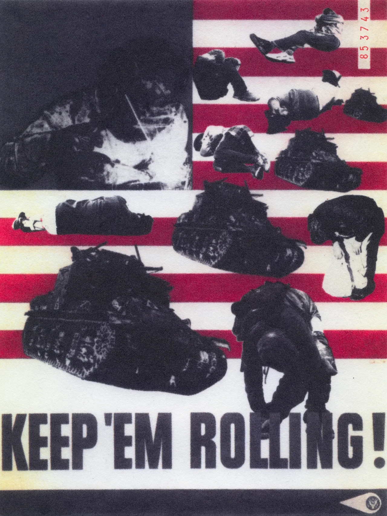 Assembly Line, 2025, ink, acrylic paint pen and stamp on cotton, by in vivo. Red and white flag stripes carrying tanks and people slumped or lying on the ground, above the slogan KEEP 'EM ROLLING!, cypher 853743 stamped top right.