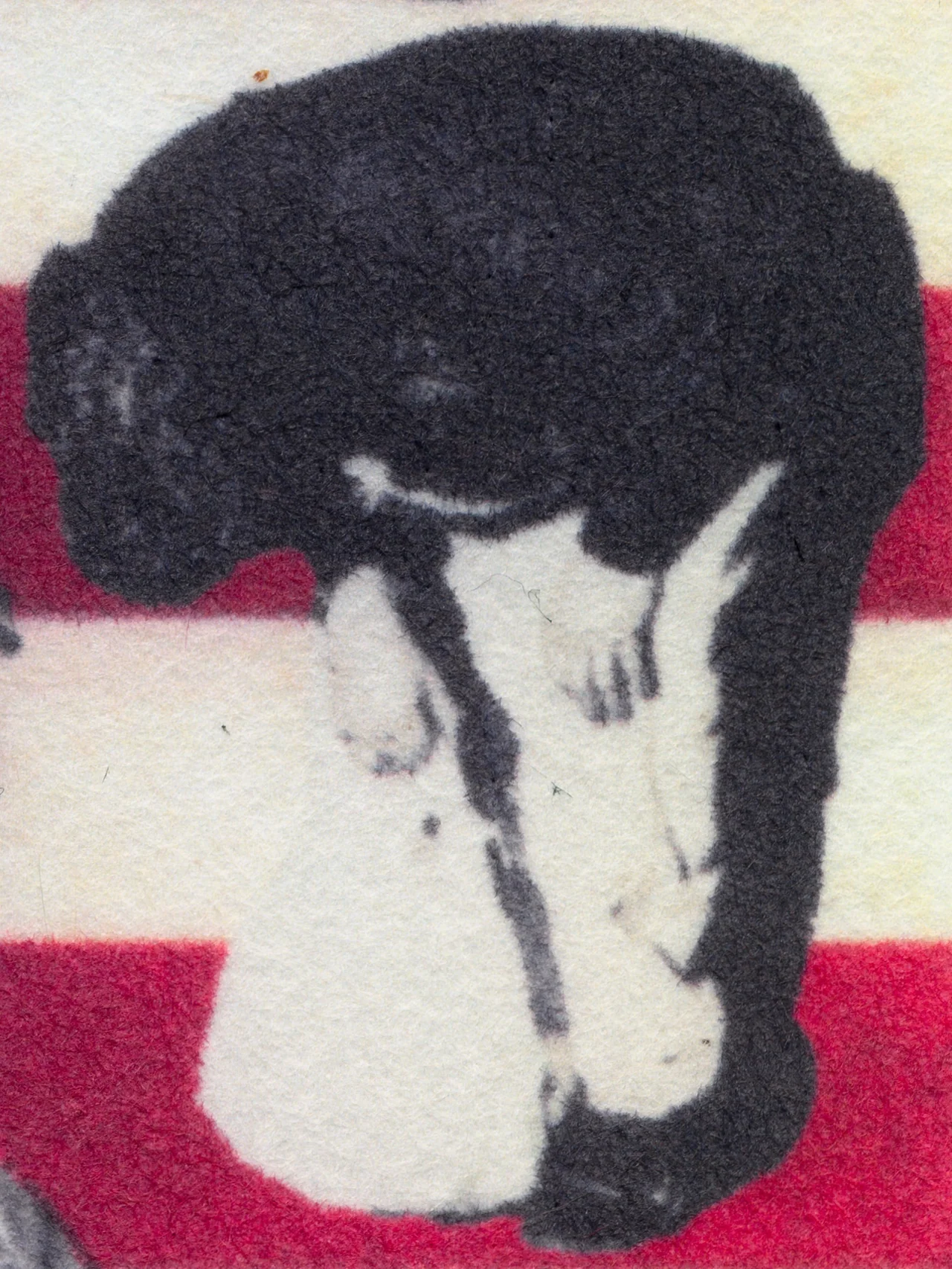 Assembly Line, 2025, by in vivo. Detail: a hooded figure bent double over a red stripe.