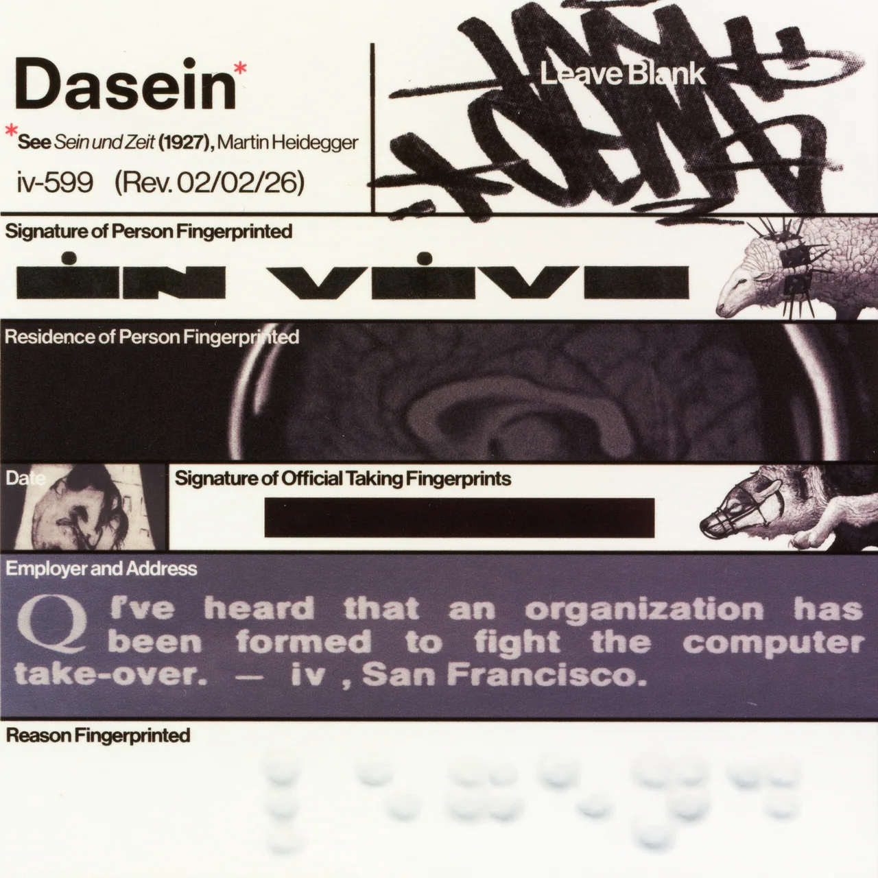 Canon, 2026, by in vivo. Detail: the card header, Dasein, see Sein und Zeit (1927), Martin Heidegger, iv-599, with a graffiti tag and the in vivo wordmark as signature.