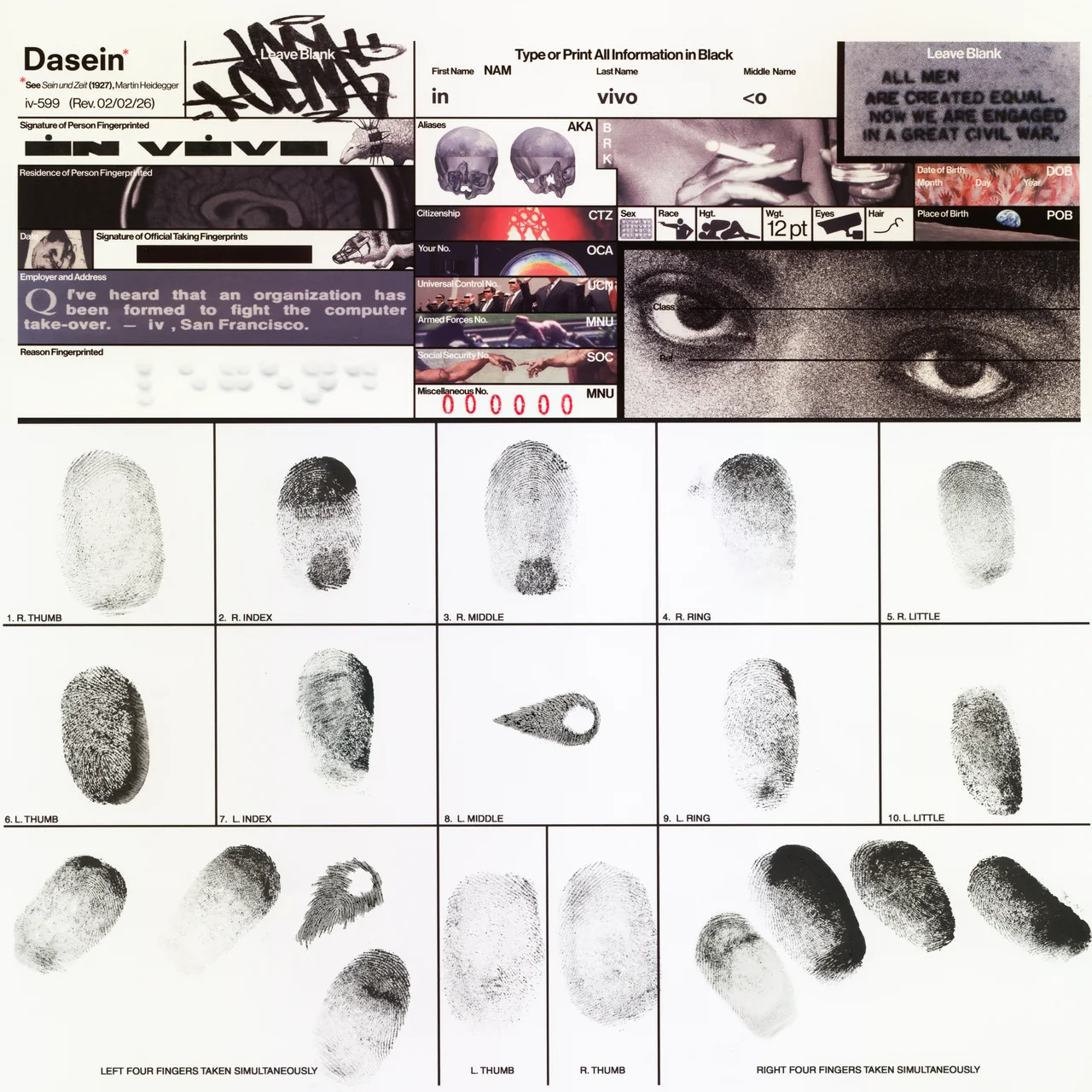 Canon, 2026, ink, graphite and stamp on paper, by in vivo. A fingerprint card headed Dasein, its form fields filled with collaged images, above a grid of ten inked fingerprints with the in vivo eye mark in place of the left middle finger.