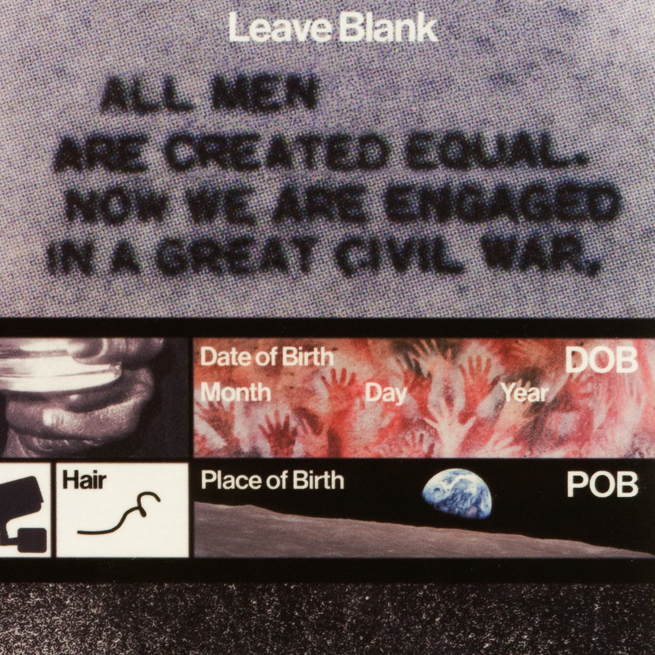 Canon, 2026, by in vivo. Detail: typewritten text, ALL MEN ARE CREATED EQUAL. NOW WE ARE ENGAGED IN A GREAT CIVIL WAR, above the Date of Birth and Place of Birth fields.