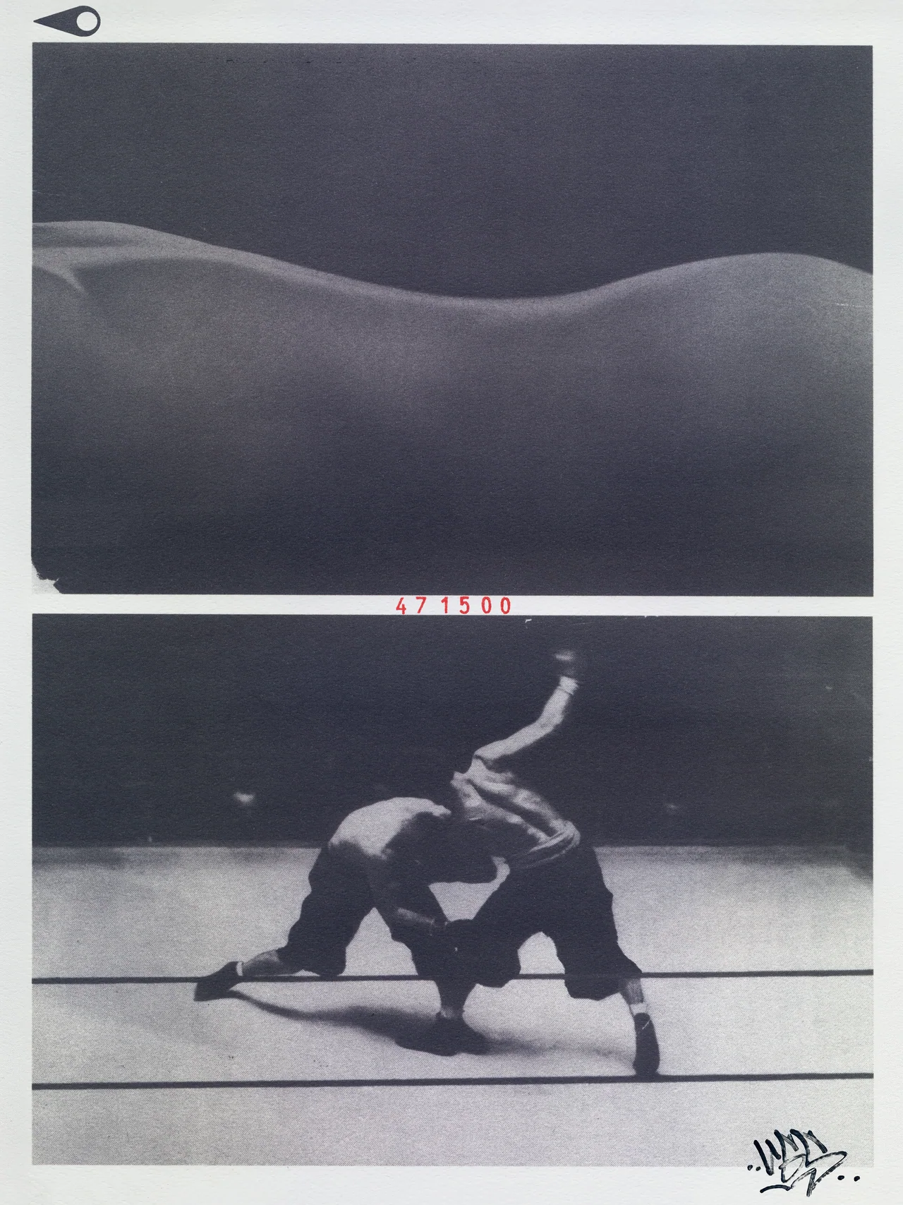 Choose Your Fighter, 2025, ink, acrylic paint pen and stamp on cotton, by in vivo. Two panels, a reclining nude torso above and two boxers in a ring below, cypher 471500 between them.