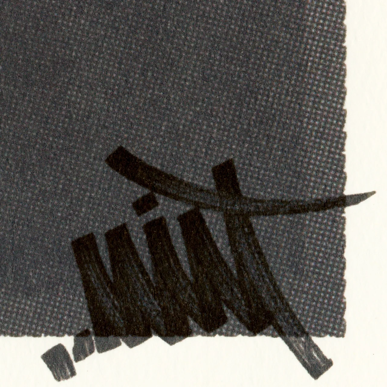 Descartes, Kruger, 2025, by in vivo. Detail: a graffiti tag in black marker over the corner of the print.