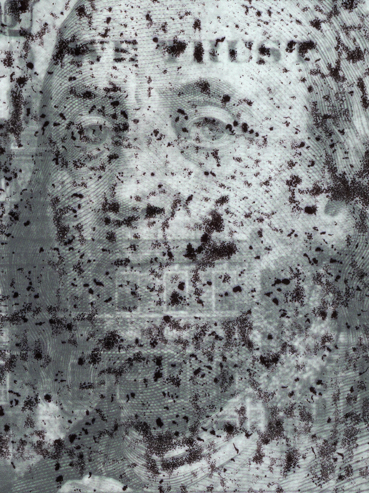 Perversion, 2025, by in vivo. Detail: the portrait on a hundred dollar bill, spattered with dark oil.