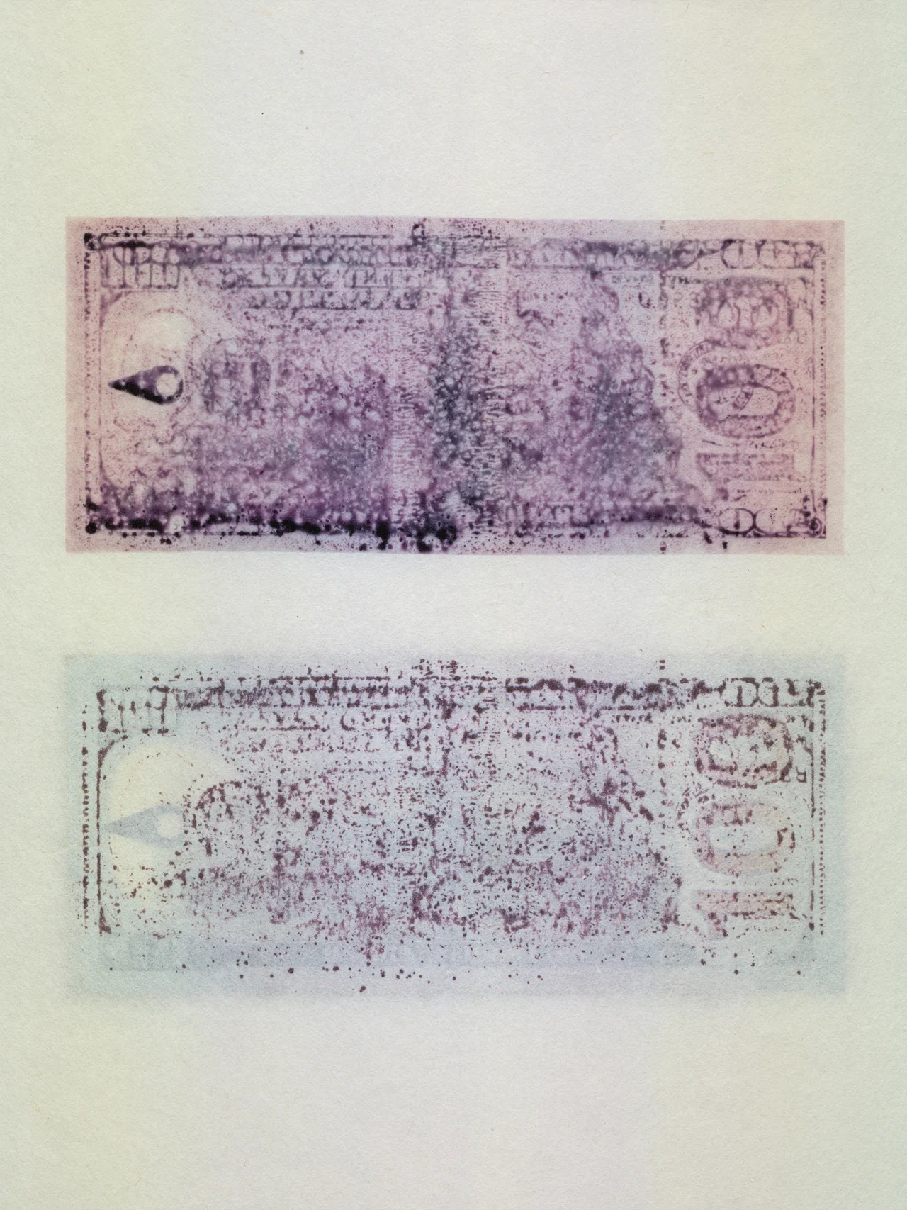 Perversion, 2025, mixed media on fiber paper, by in vivo. Two hundred dollar bills printed one above the other, washed out in purple and stained with oil.