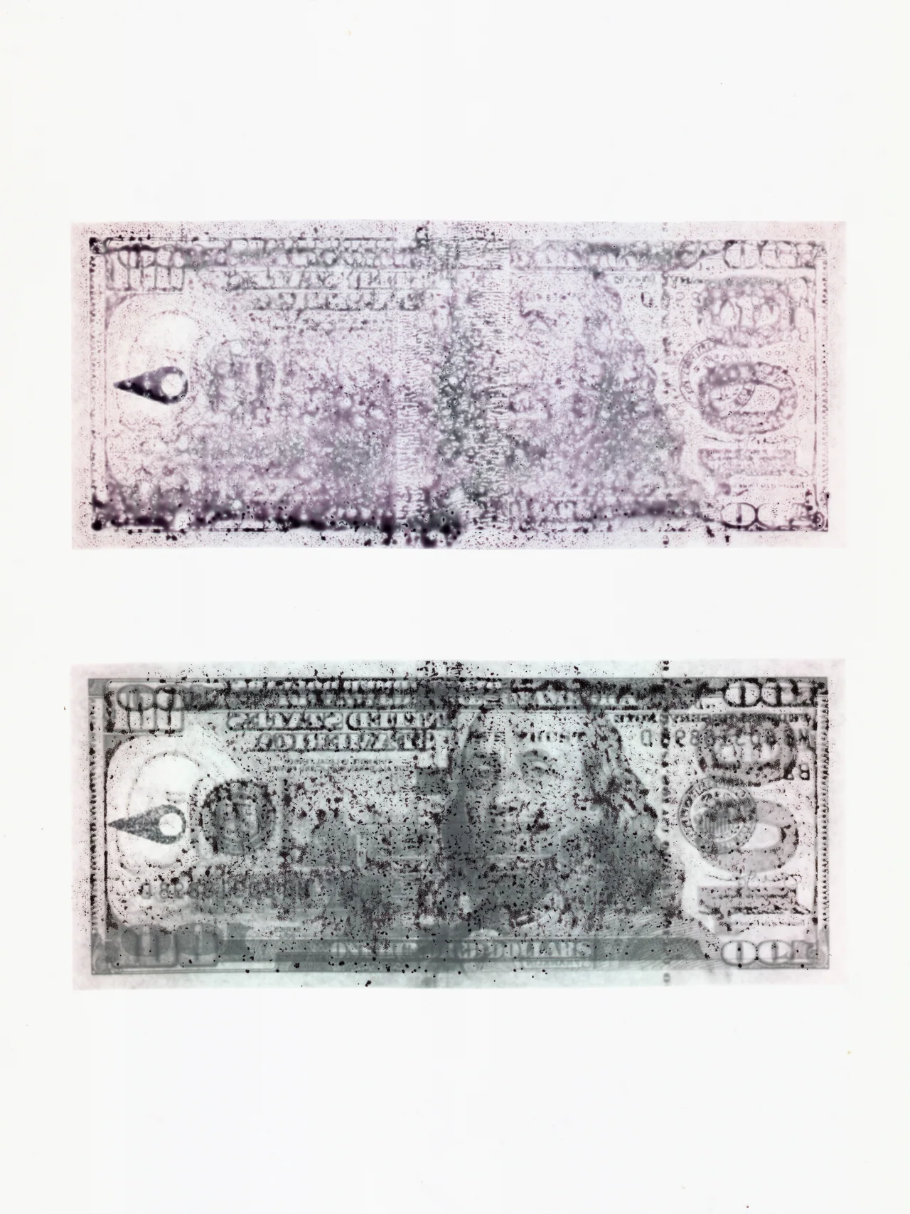 Perversion, 2025, by in vivo. Two hundred dollar bills, the upper faded to pink, the lower still legible in grey.
